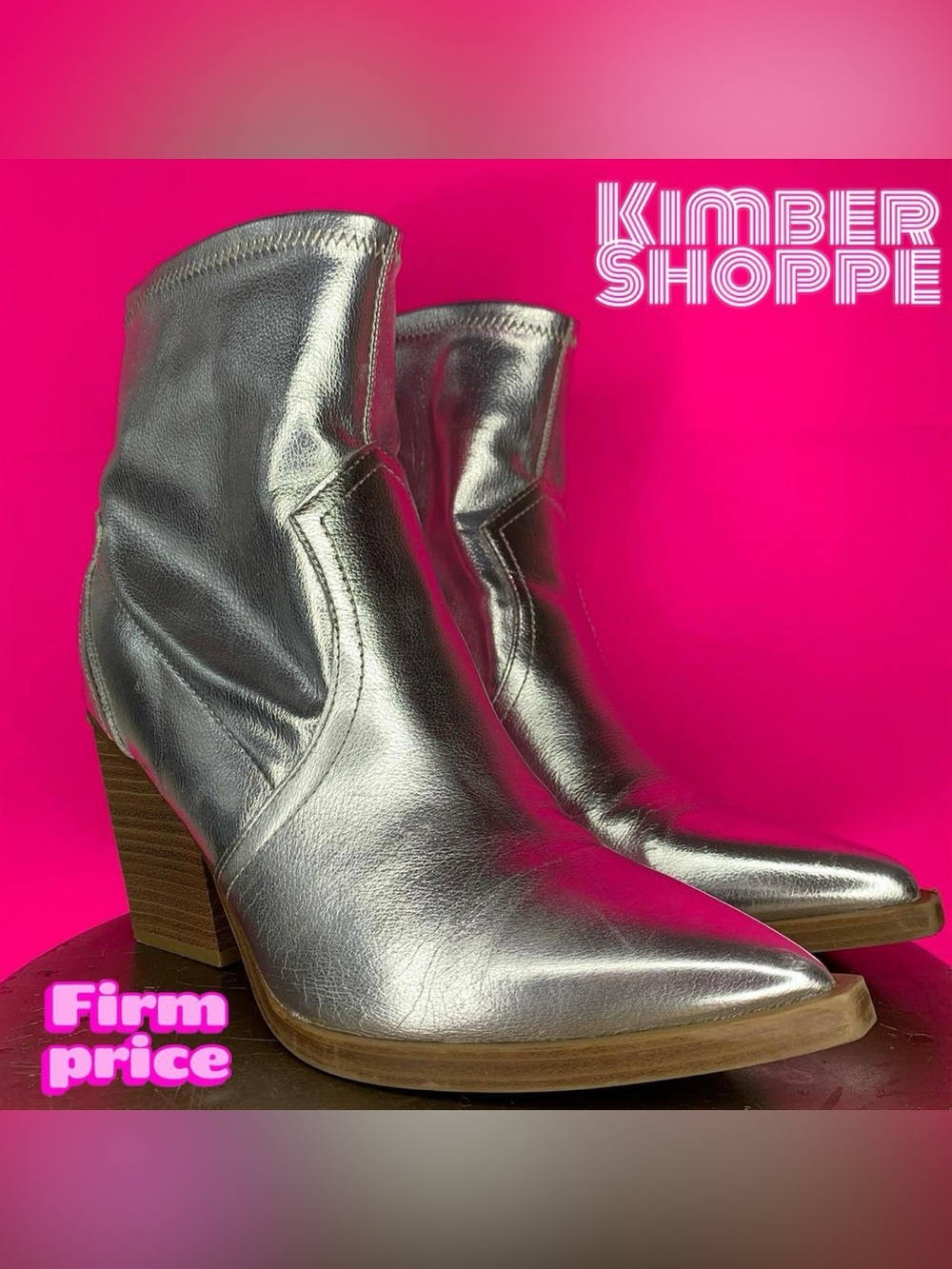 MIA Rachell Silver Western Stacked Heel Pull On Ankle Boot US 8 EU 38.5 UK 6
